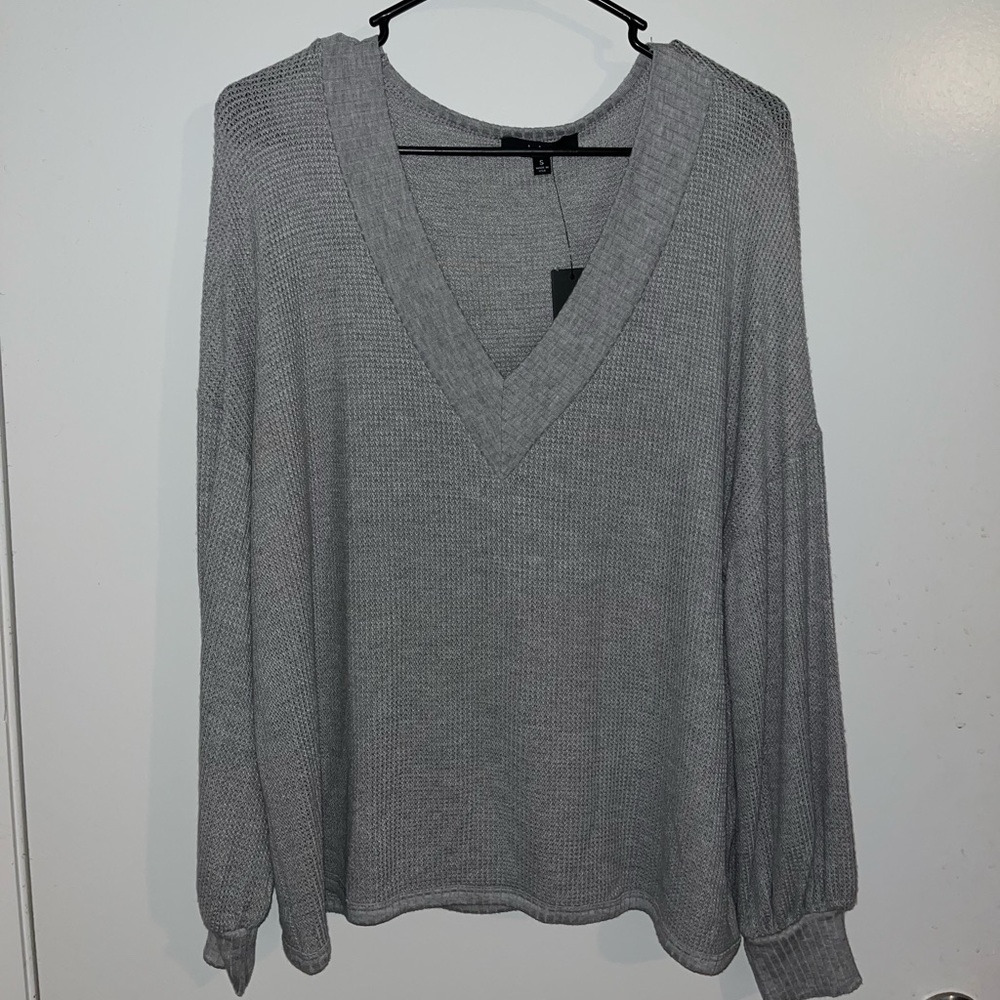 Grey Knit Balloon Sleeve Sweater Top
